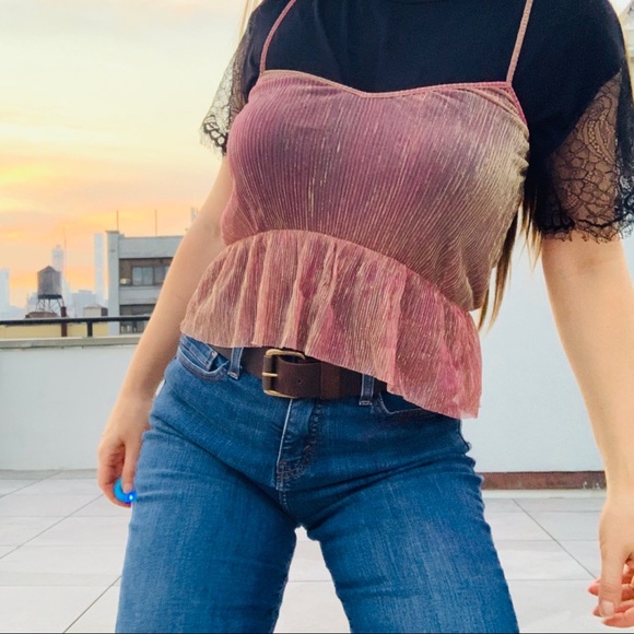 LF OneWay Lurex Rose Gold Yellow Gold Glow Ruffle Peplum Sheer Cami Top - Picture 11 of 12